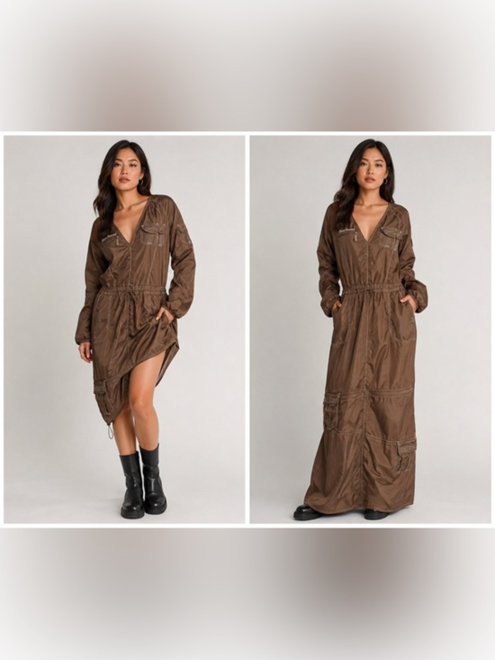 Mecca Femme Y2K Brown Nylon Utility Maxi Dress Cargo Pockets 11/12